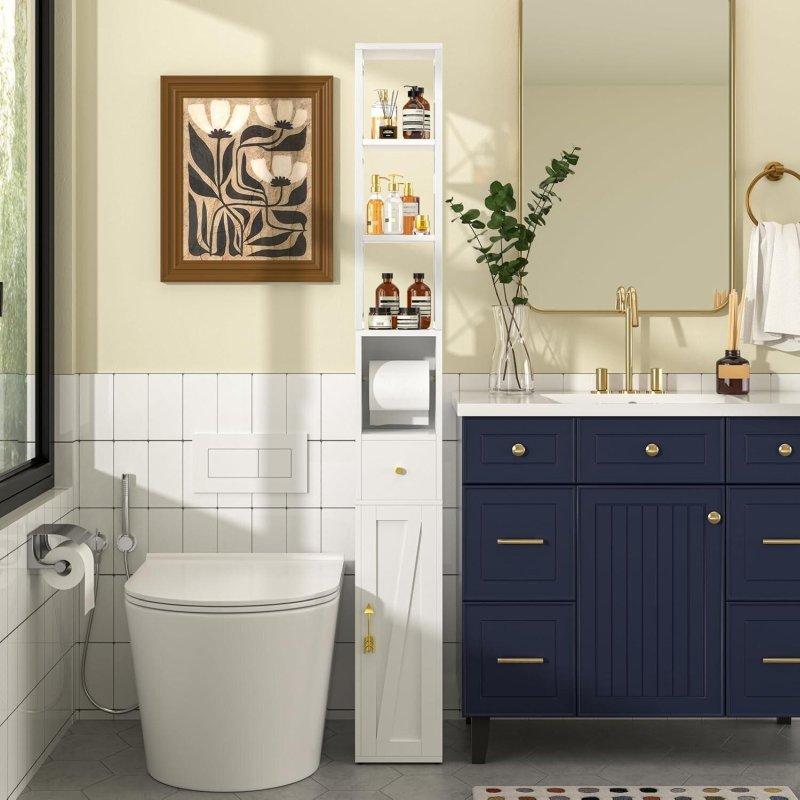 Beyaz MDF Çekmeceli Tuvalet Kağıtlıklı Dar Çok Amaçlı Banyo Dolabı - 20x20x170 cm - 333559
