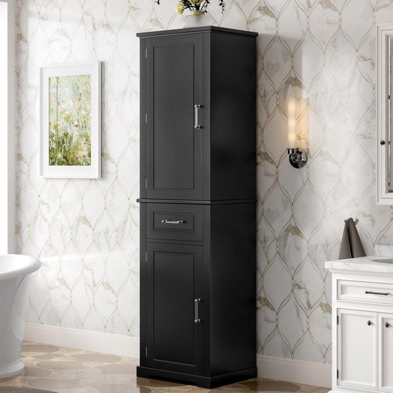 Beyaz MDF Çekmeceli ve Ayarlanabilir Raflı Çok Amaçlı Banyo Dolabı - 41x51x184 cm - 334014