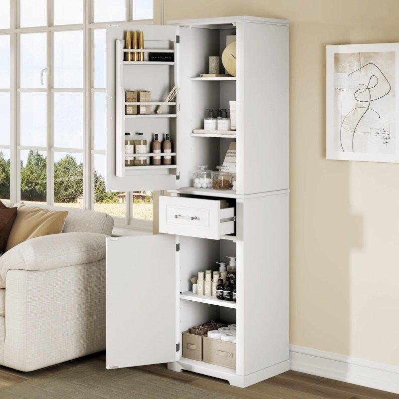 Beyaz MDF Çekmeceli ve Ayarlanabilir Raflı Çok Amaçlı Banyo Dolabı - 41x51x184 cm - 334014