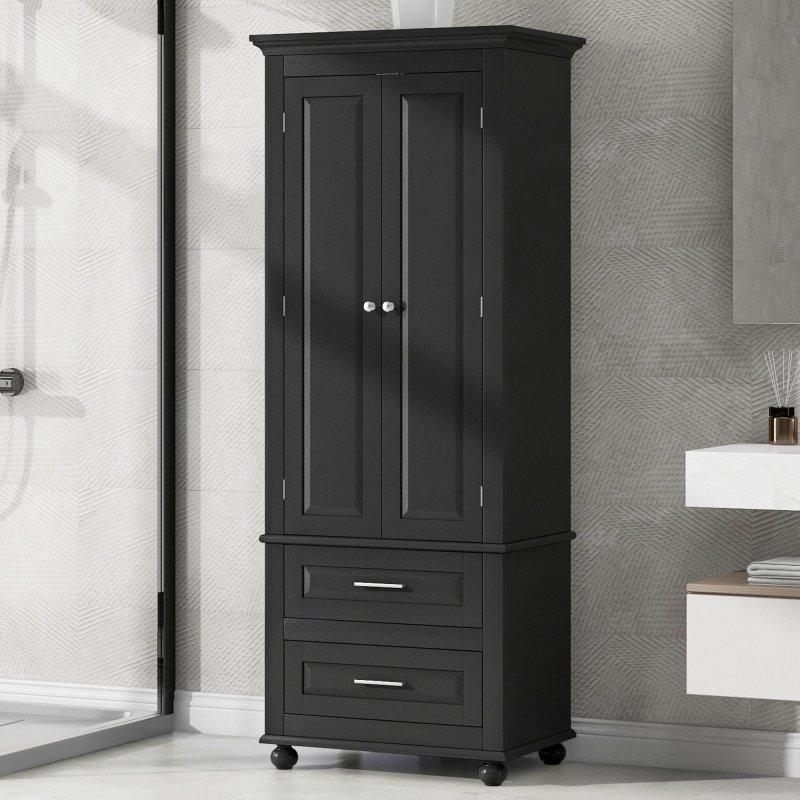 Beyaz MDF Çekmeceli ve Ayarlanabilir Raflı Çok Amaçlı Banyo Dolabı - 61x40x178 cm - 333987