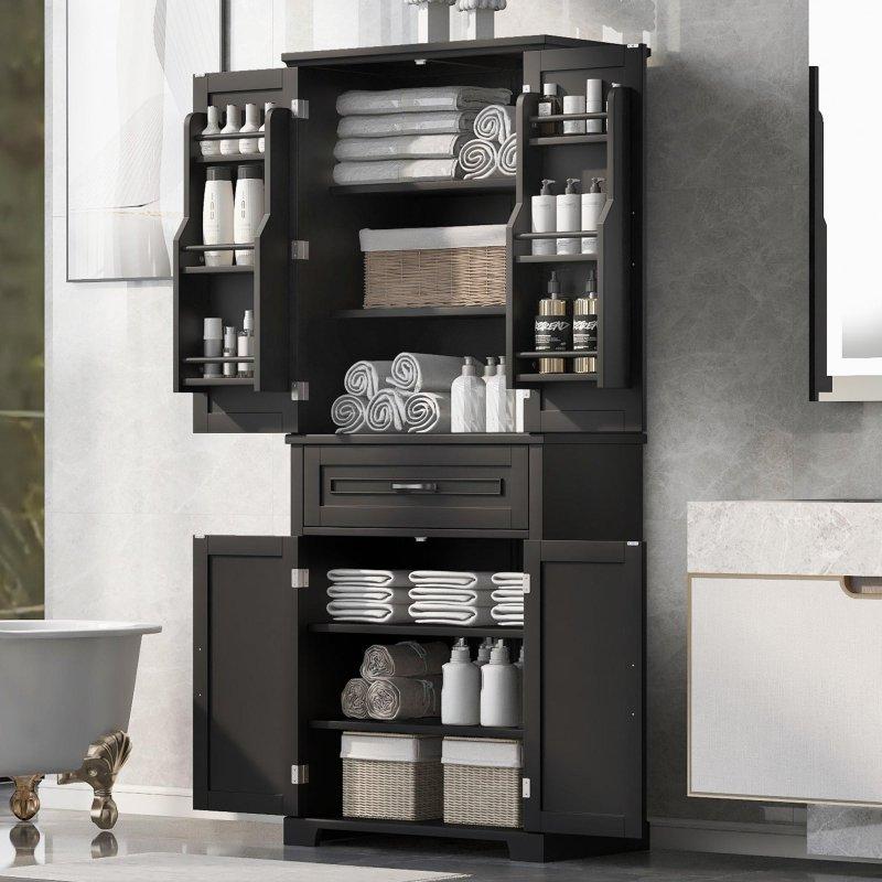 Beyaz MDF Çekmeceli ve Ayarlanabilir Raflı Çok Amaçlı Banyo Dolabı - 76x40x184 cm - 333646