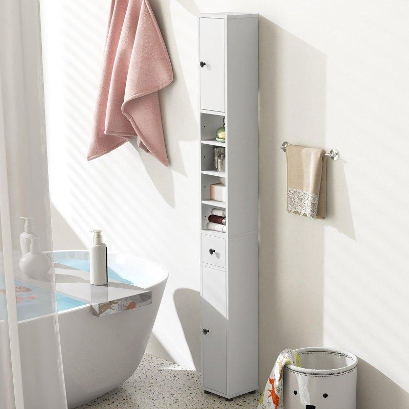 Beyaz MDF Çekmeceli ve Ayarlanabilir Raflı Dar Çok Amaçlı Banyo Dolabı - 21x21x181 cm - 333858