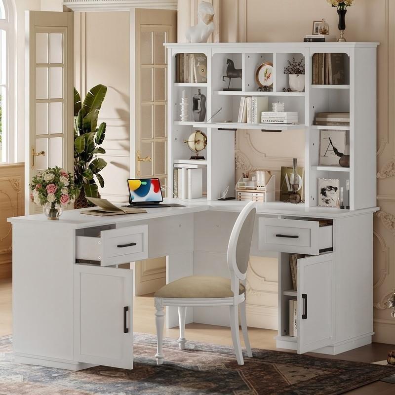 Beyaz MDF Çekmeceli ve Raflı L Tipi Ofis Masası - 327709