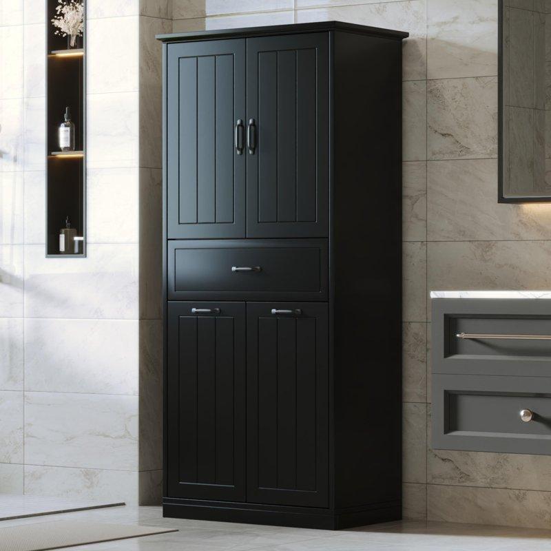 Beyaz MDF Çift Kirli Sepetli Çekmeceli Çok Amaçlı Banyo Dolabı - 168 cm - 334371