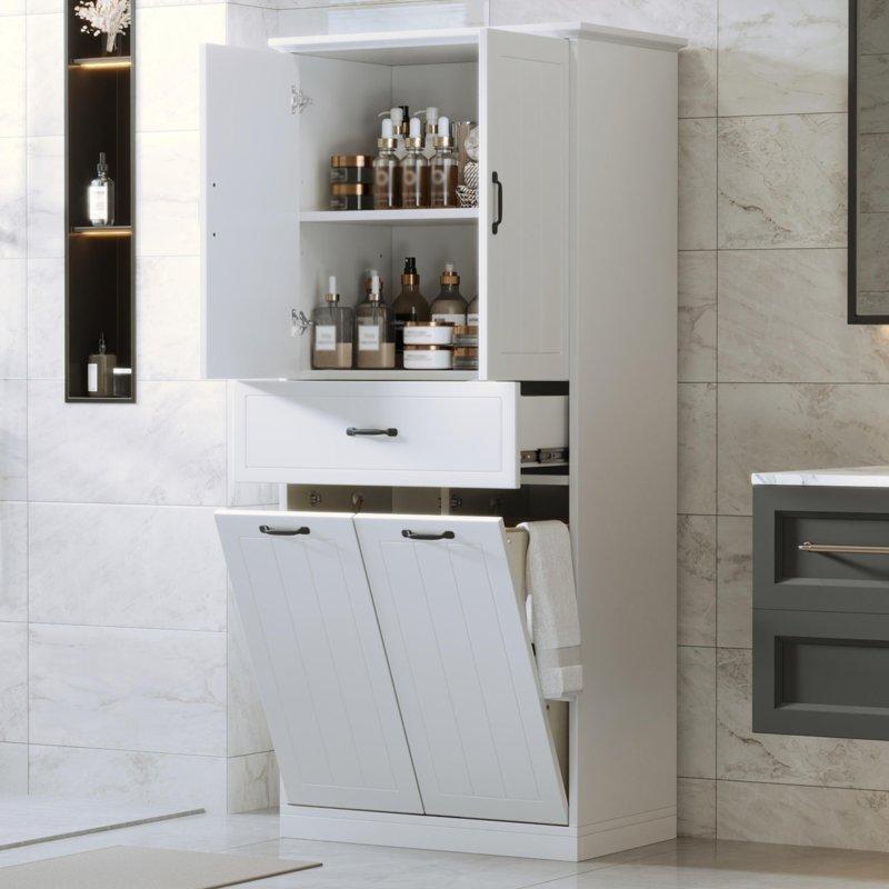Beyaz MDF Çift Kirli Sepetli Çekmeceli Çok Amaçlı Banyo Dolabı - 168 cm - 334371