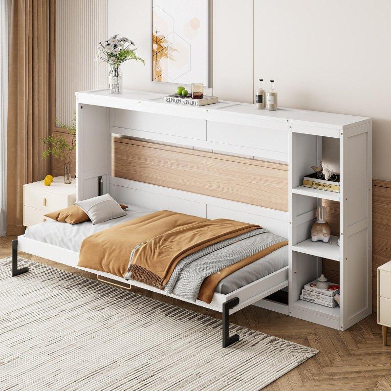 Beyaz MDF Dahili Kitaplıklı Katlanabilir Tek Kişilik Duvar Yatağı - 261950