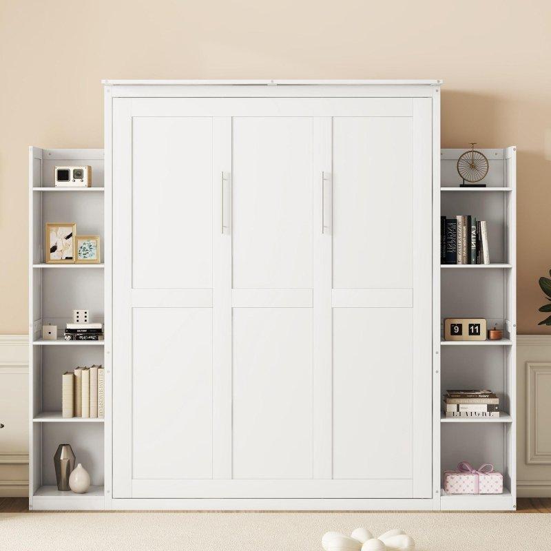 Beyaz MDF Dahili LED Aydınlatmalı Dolaplı Çift Kişilik Duvar Yatağı - 248 cm - 263521