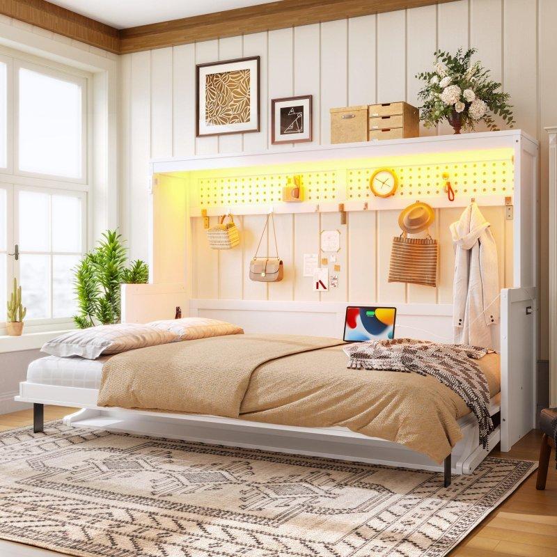 Beyaz MDF Dahili Masalı USB Şarjlı ve LED Aydınlatmalı Duvar Yatağı - 151x211 cm - 261396