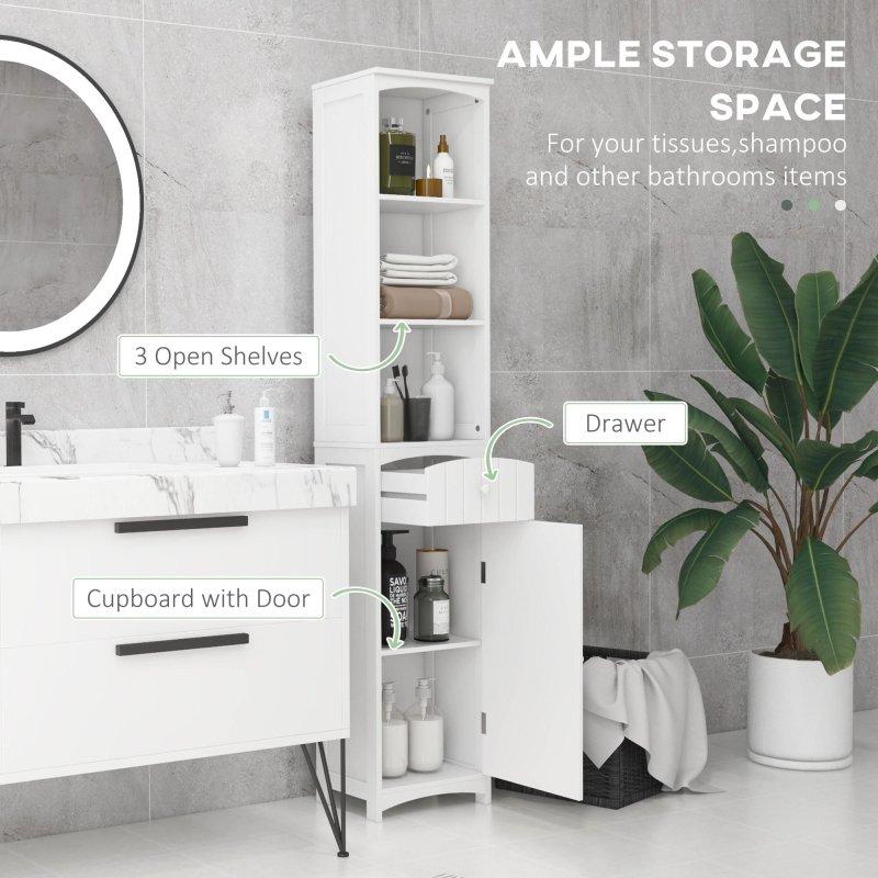 Beyaz MDF Dar Raflı Çekmeceli Çok Amaçlı Banyo Dolabı - 35x25x171 cm - 334142