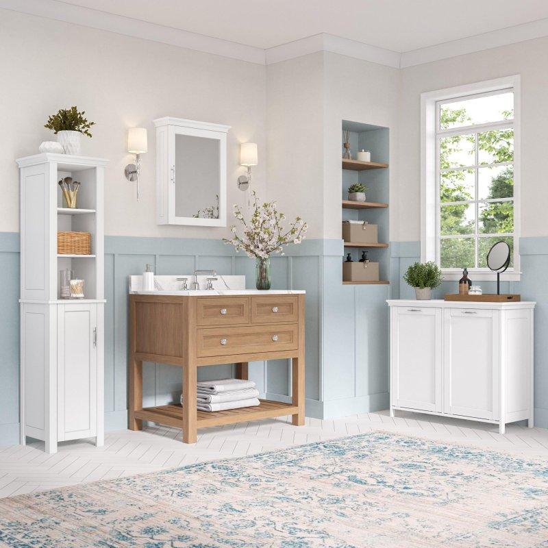 Beyaz MDF Devrilir Kapaklı Kirli Sepetli Çok Amaçlı Banyo Dolabı - 87x36x77 cm - 333483