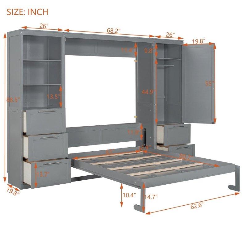 Beyaz MDF Dolaplı Çekmeceli ve Raflı Çift Kişilik Duvar Yatağı - 262048