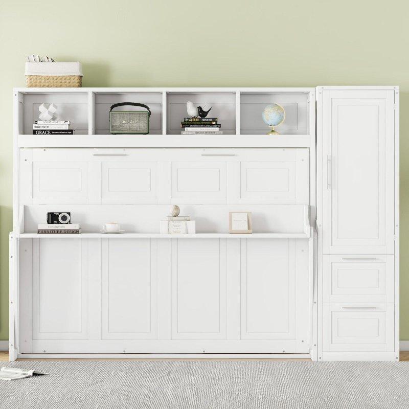 Beyaz MDF Dolaplı Çekmeceli Yan Açılır Duvar Yatağı - 274 cm - 261285