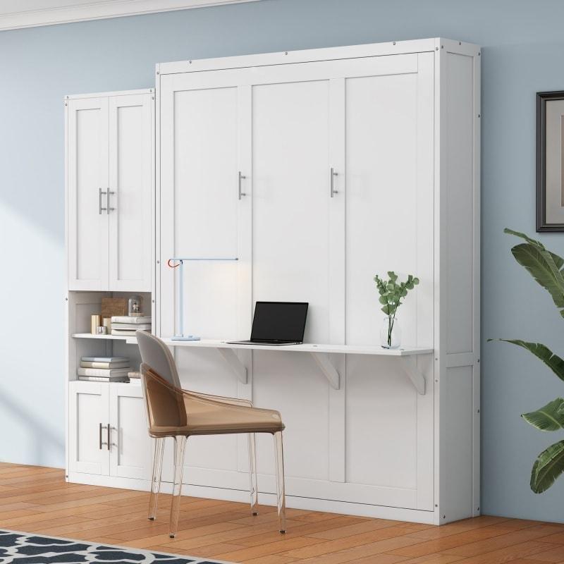 Beyaz MDF Dolaplı Katlanır Masalı ve USB Portlu Çift Kişilik Duvar Yatağı - 267158