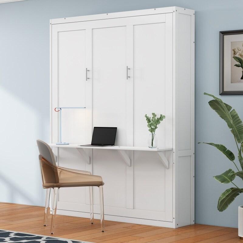 Beyaz MDF Dolaplı Katlanır Masalı ve USB Portlu Çift Kişilik Duvar Yatağı - 267158