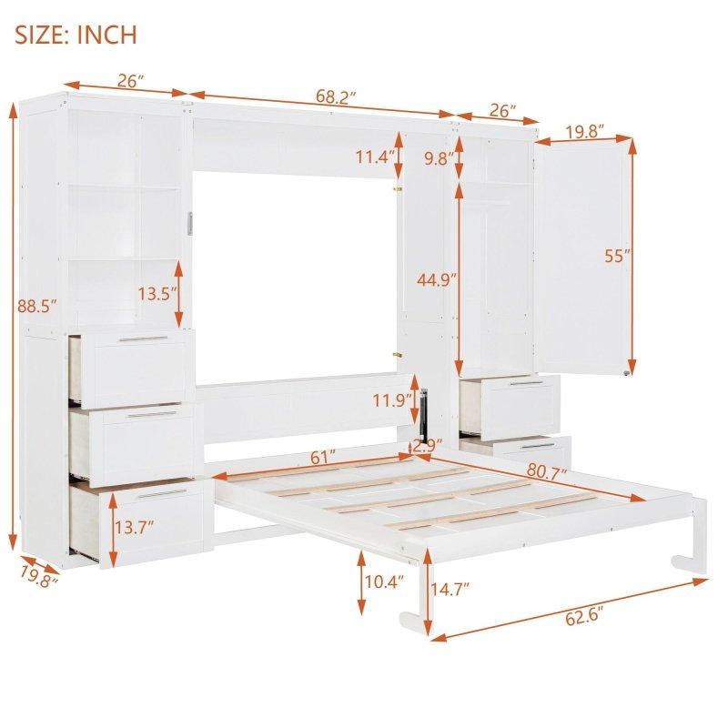 Beyaz MDF Dolaplı ve Çekmeceli Queen Duvar Yatağı - 266572