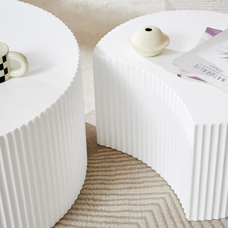 Beyaz MDF El Yapımı Kabartmalı Zigon Yuvarlak Orta Sehpa Seti - 80 cm - 241342