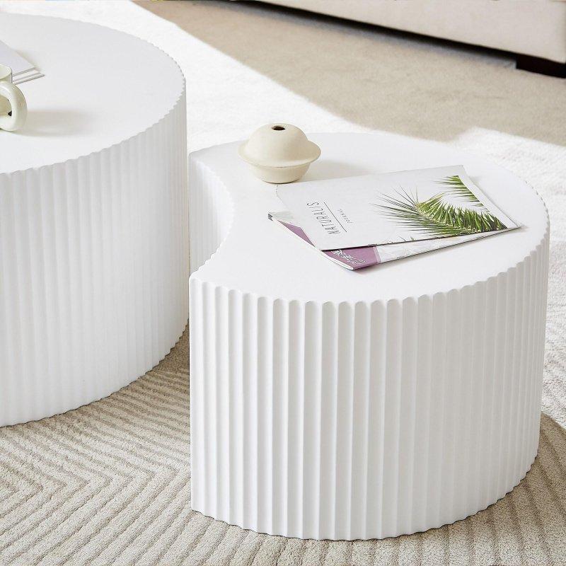 Beyaz MDF El Yapımı Kabartmalı Zigon Yuvarlak Orta Sehpa Seti - 80 cm - 241342