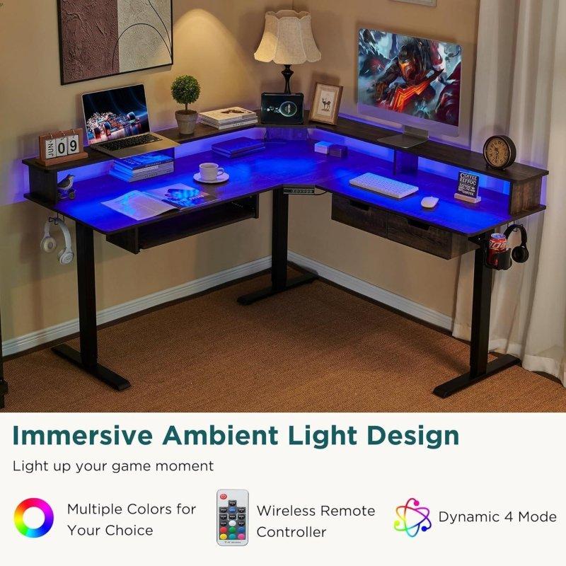 Beyaz MDF Elektrikli Yüksekliği Ayarlanabilir LED Aydınlatmalı L Tipi Ofis Masası - 154x154 cm - 327396