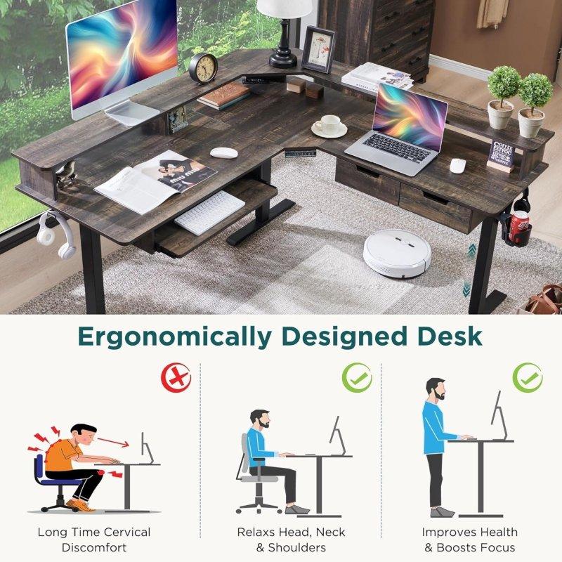 Beyaz MDF Elektrikli Yüksekliği Ayarlanabilir LED Aydınlatmalı L Tipi Ofis Masası - 154x154 cm - 327396