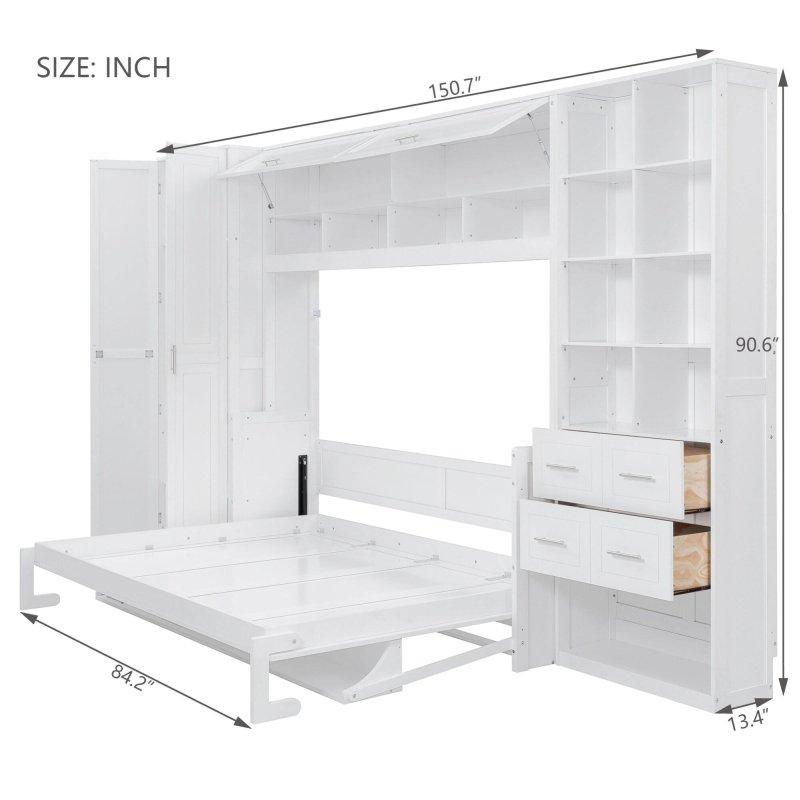 Beyaz MDF Gardıroplu Kitaplıklı Çekmeceli Yan Açılır Duvar Yatağı - 383x231 cm - 263143