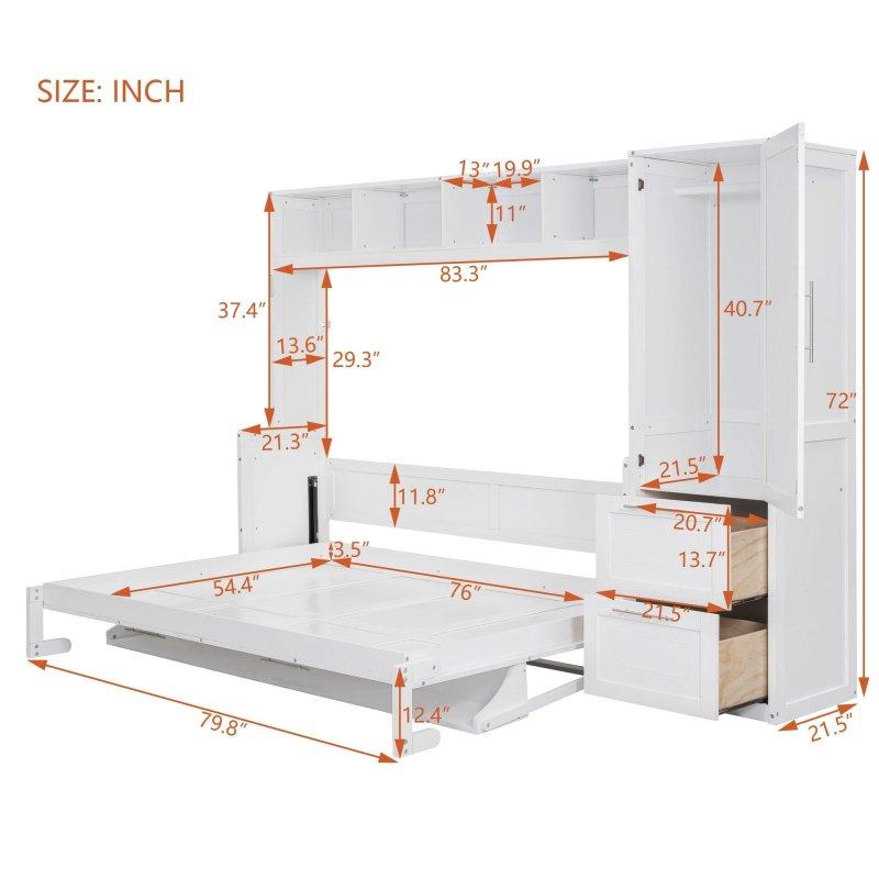 Beyaz MDF Gardıroplu Raflı Yan Açılır Duvar Yatağı - 274x183 cm - 262509
