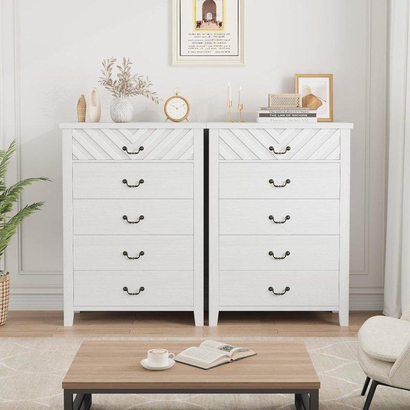 Beyaz MDF Geometrik Desenli 5 Çekmeceli Yüksek Ayaklı Şifonyer - 77x115x38 cm - 303350
