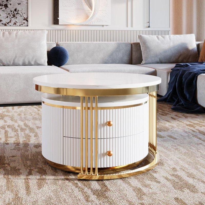 Beyaz MDF Gold Ayaklı Çekmeceli Zigon Yuvarlak Orta Sehpa Seti - 71 cm - 241602