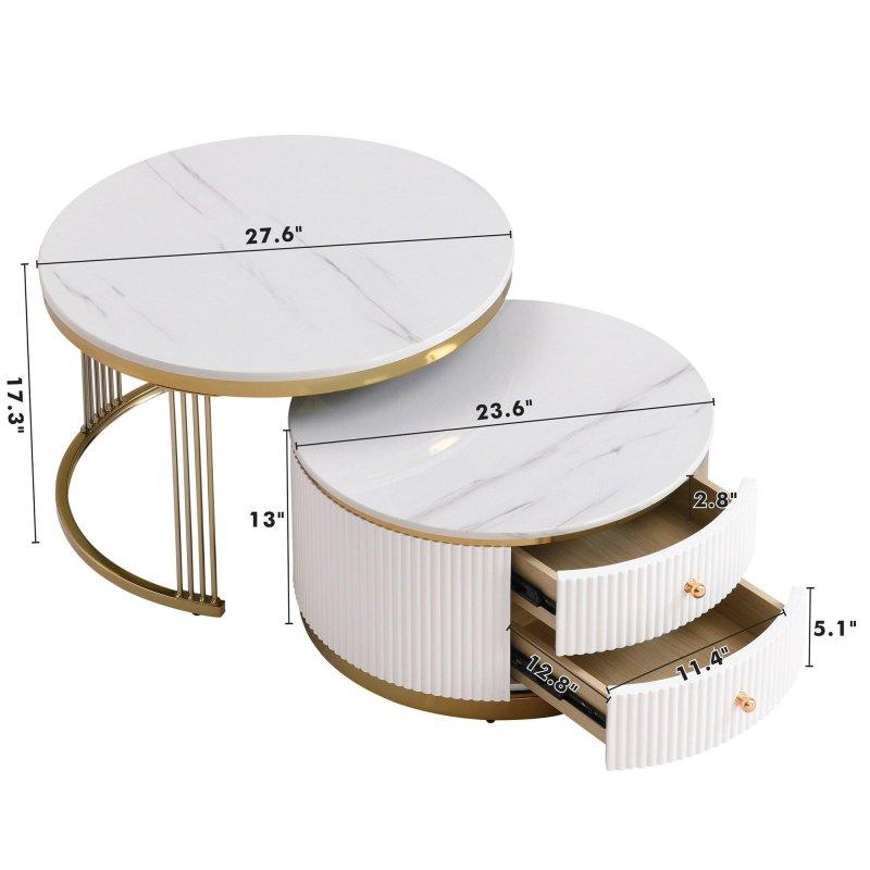 Beyaz MDF Gold Ayaklı Çekmeceli Zigon Yuvarlak Orta Sehpa Seti - 71 cm - 241602