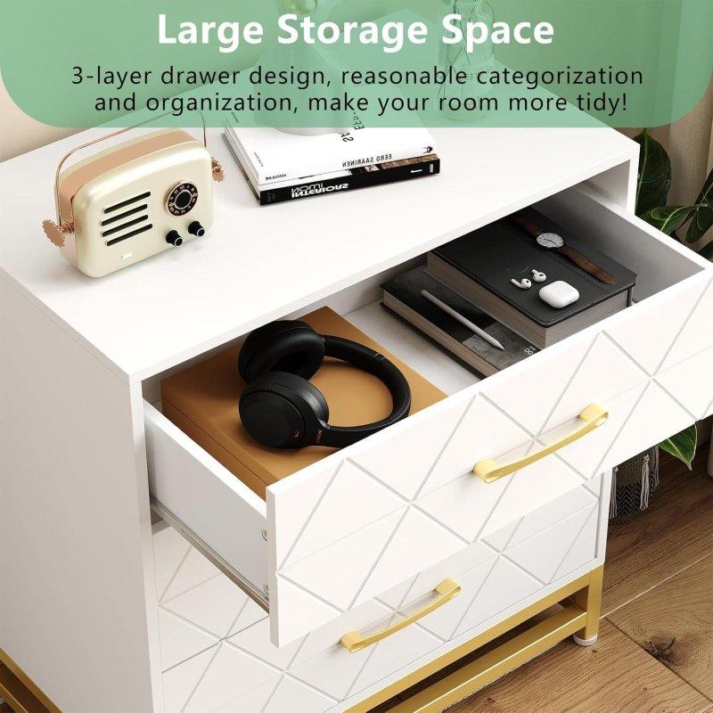 Beyaz MDF Gold Kulplu 3 Çekmeceli Şifonyer - 61x41x74 cm - 308412