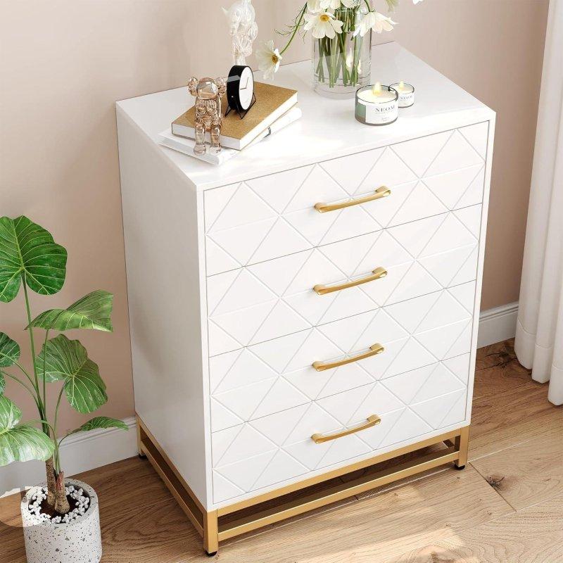 Beyaz MDF Gold Kulplu 4 Çekmeceli Metal Ayaklı Şifonyer - 61x41x92 cm - 306146
