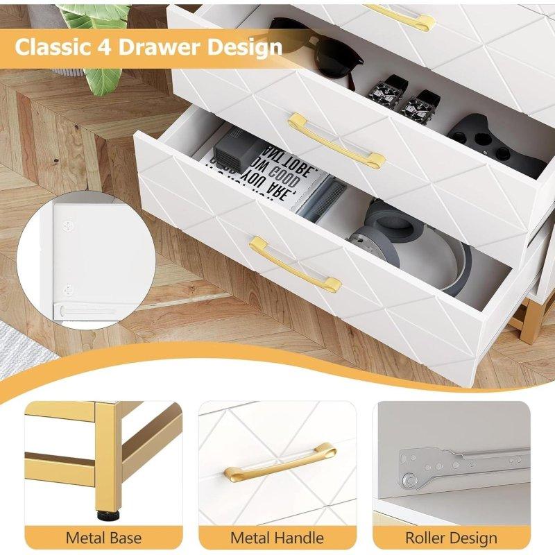 Beyaz MDF Gold Kulplu 4 Çekmeceli Metal Ayaklı Şifonyer - 61x41x92 cm - 306146