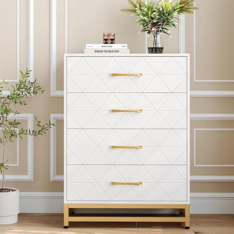 Beyaz MDF Gold Kulplu 4 Çekmeceli Metal Ayaklı Şifonyer - 61x41x92 cm - 306146