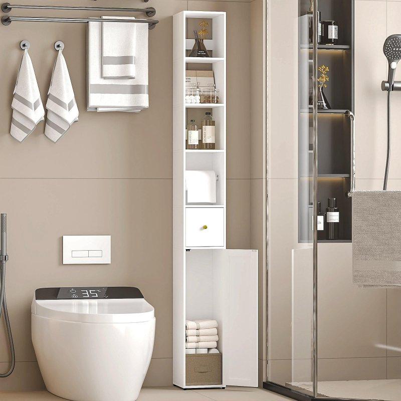 Beyaz MDF Gold Kulplu 4 Raflı Çekmeceli Çok Amaçlı Banyo Dolabı - 20x20x170 cm - 333530