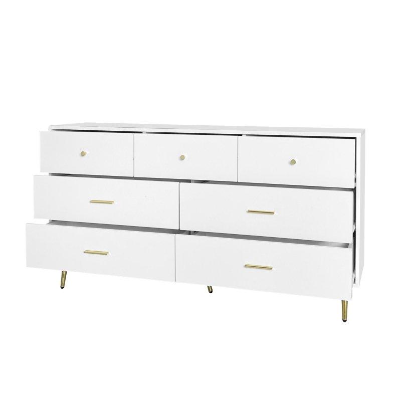 Beyaz MDF Gold Kulplu 7 Çekmeceli Şifonyer - 140x36x73 cm - 300346