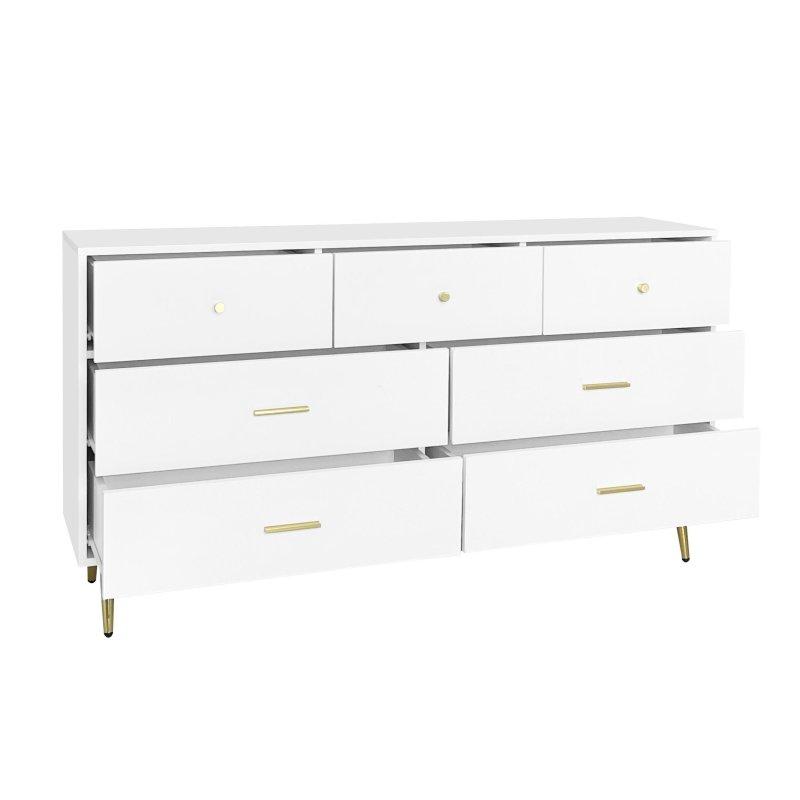 Beyaz MDF Gold Kulplu 7 Çekmeceli Şifonyer - 140x36x73 cm - 300346