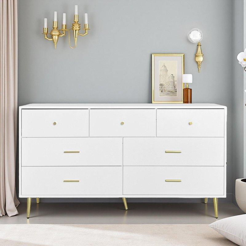 Beyaz MDF Gold Kulplu 7 Çekmeceli Şifonyer - 140x36x73 cm - 300346