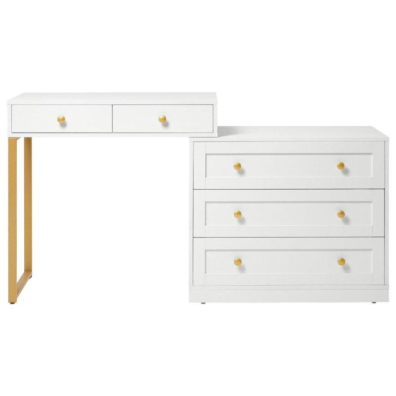 Beyaz MDF Gold Kulplu Dönebilen Tablalı 5 Çekmeceli L Köşe Şifonyer - 309223