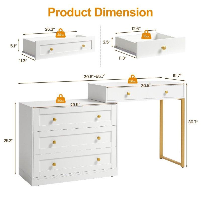 Beyaz MDF Gold Kulplu Dönebilen Tablalı 5 Çekmeceli L Köşe Şifonyer - 309223