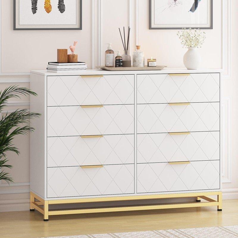 Beyaz MDF Gold Kulplu Konik Ayaklı Şifonyer - 307518