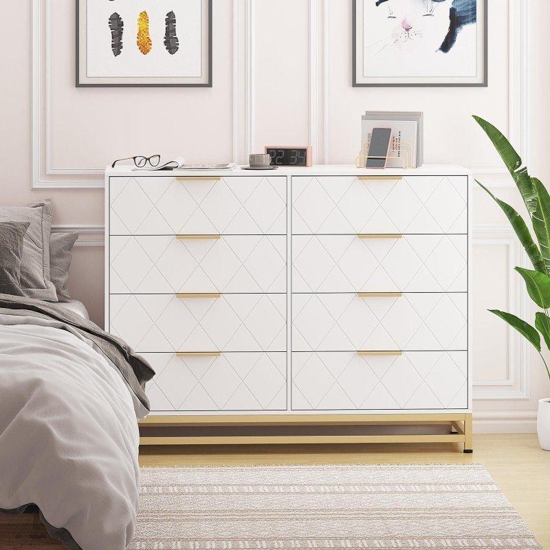 Beyaz MDF Gold Kulplu Konik Ayaklı Şifonyer - 307518