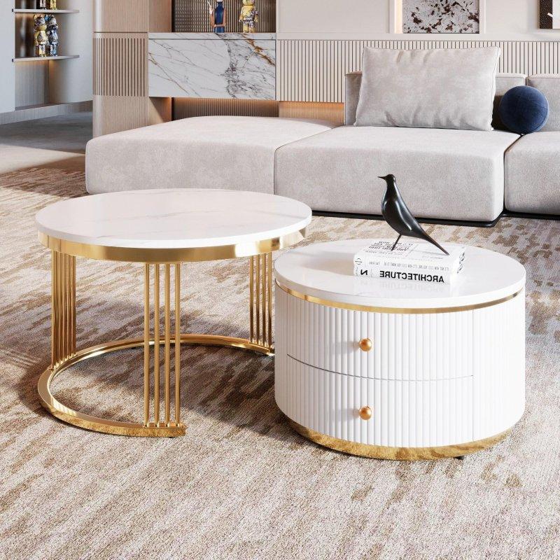Beyaz MDF Gold Metal Ayaklı Çekmeceli Zigon Yuvarlak Orta Sehpa Takımı - 71x44 cm - 240080