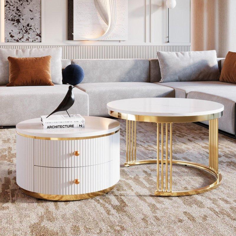 Beyaz MDF Gold Metal Ayaklı Çekmeceli Zigon Yuvarlak Orta Sehpa Takımı - 71x44 cm - 240080