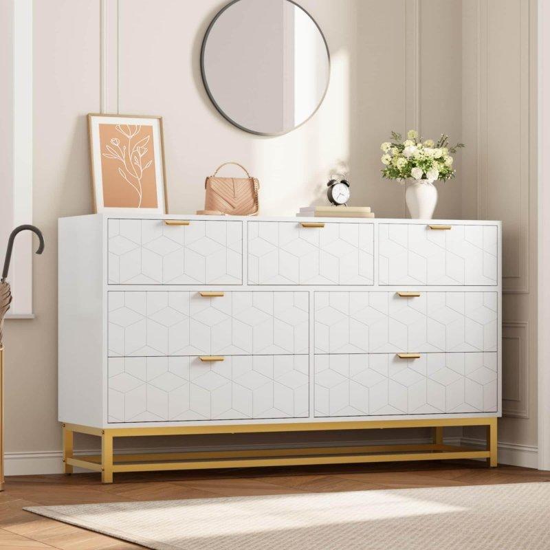 Beyaz MDF Gold Metal Kulplu ve Ayaklı 7 Çekmeceli Şifonyer - 136 cm - 305758