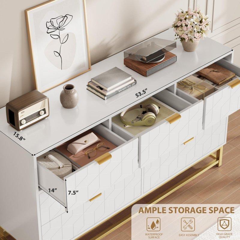 Beyaz MDF Gold Metal Kulplu ve Ayaklı 7 Çekmeceli Şifonyer - 136 cm - 305758