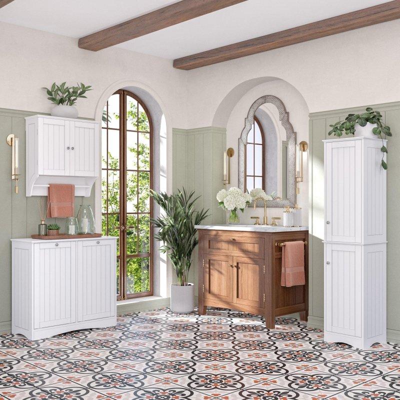 Beyaz MDF İki Kapaklı Ayarlanabilir Raflı Çok Amaçlı Banyo Dolabı - 36x35x153 cm - 334508