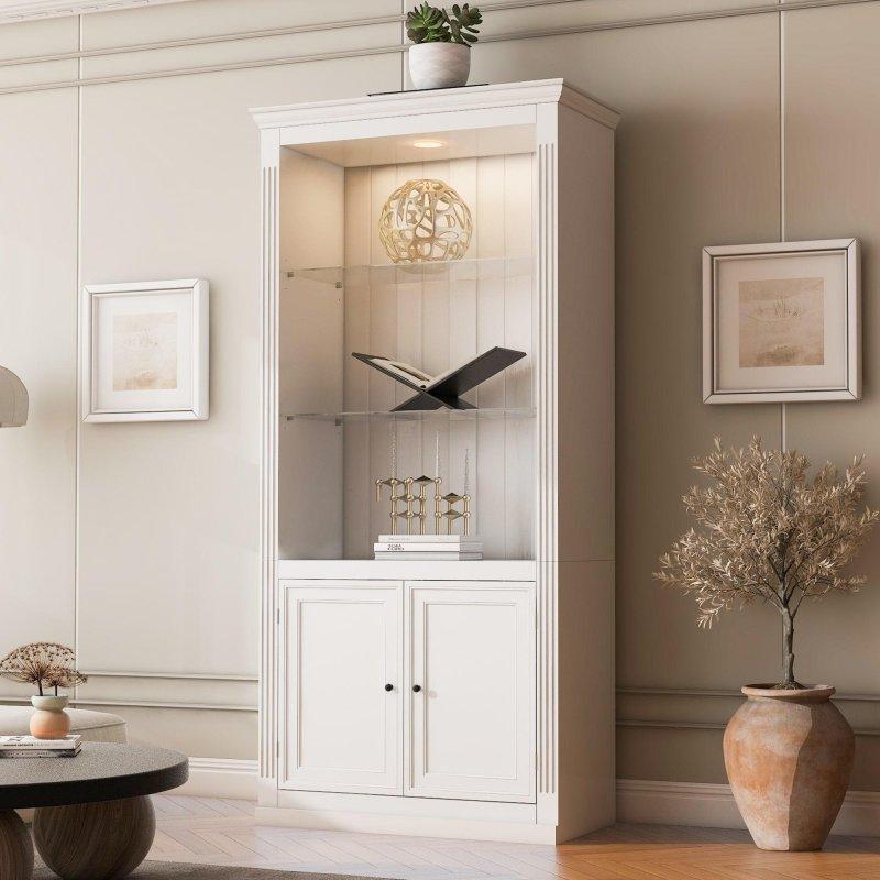 Beyaz MDF Işıklı Cam Raflı Kitaplık - 201 cm - 320959