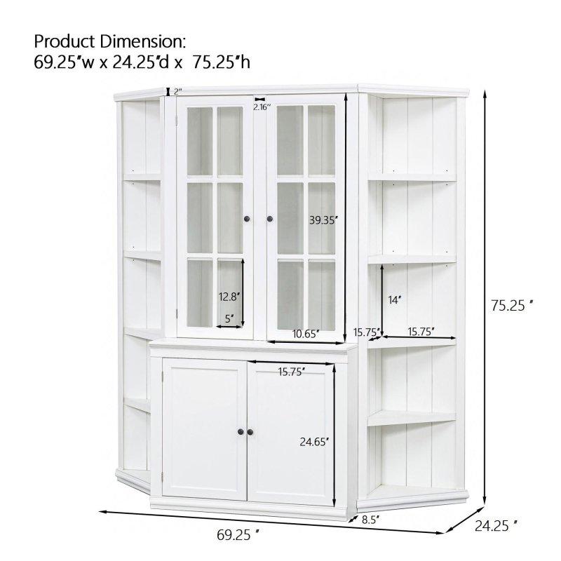 Beyaz MDF Kafes Pencereli Üçgen Yan Raflı 3 Parçalı Cam Kapaklı Kitaplık Seti - 176x192x62 cm - 238958