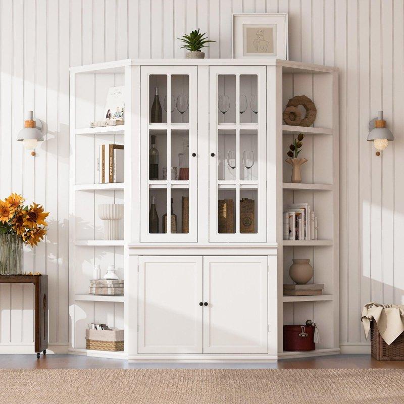 Beyaz MDF Kafes Pencereli Üçgen Yan Raflı 3 Parçalı Cam Kapaklı Kitaplık Seti - 176x192x62 cm - 238958