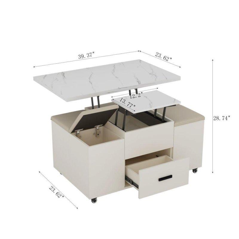 Beyaz MDF Kaldırılabilir Tablalı ve 4 Puflu Akıllı Sehpa - 100x60x54 cm - 254005