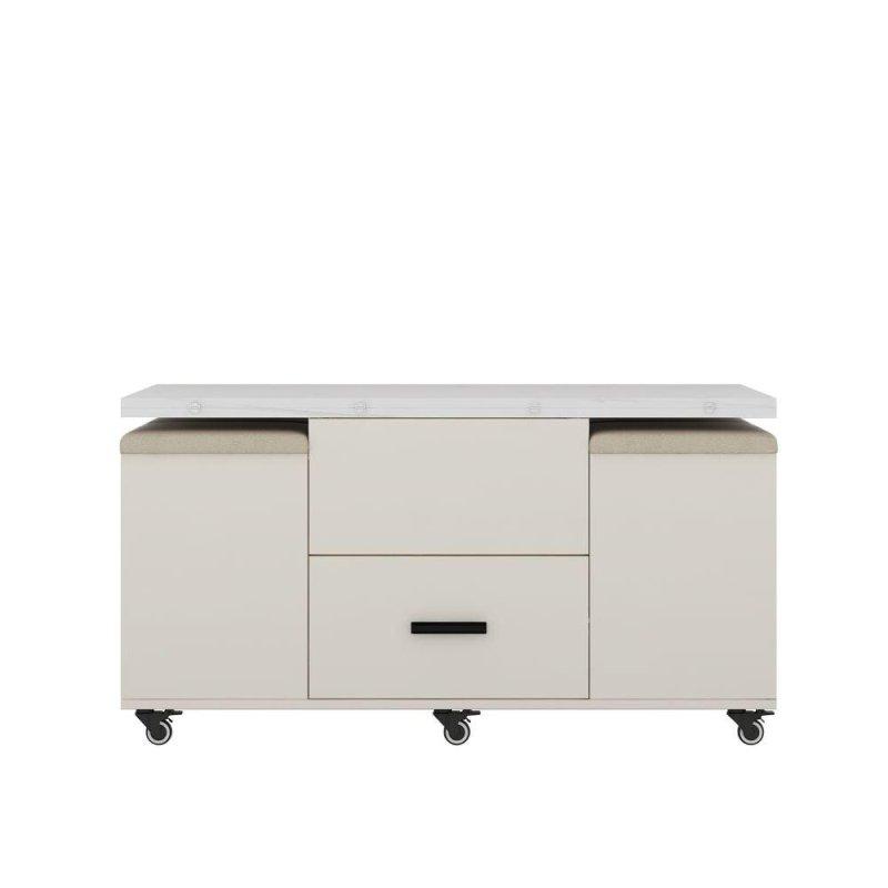 Beyaz MDF Kaldırılabilir Tablalı ve 4 Puflu Akıllı Sehpa - 100x60x54 cm - 254005